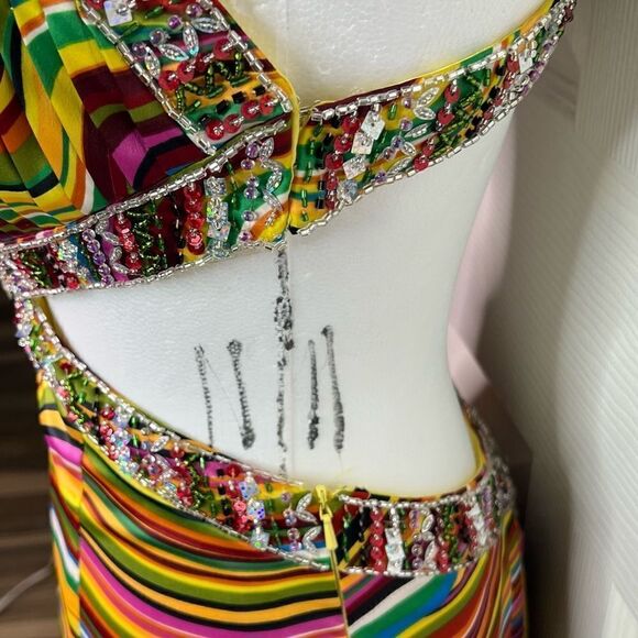 Camille La Vie Multicolor Plunge Neckline Cocktail Prom Long Train Dress Sz 4 - Picture 13 of 16